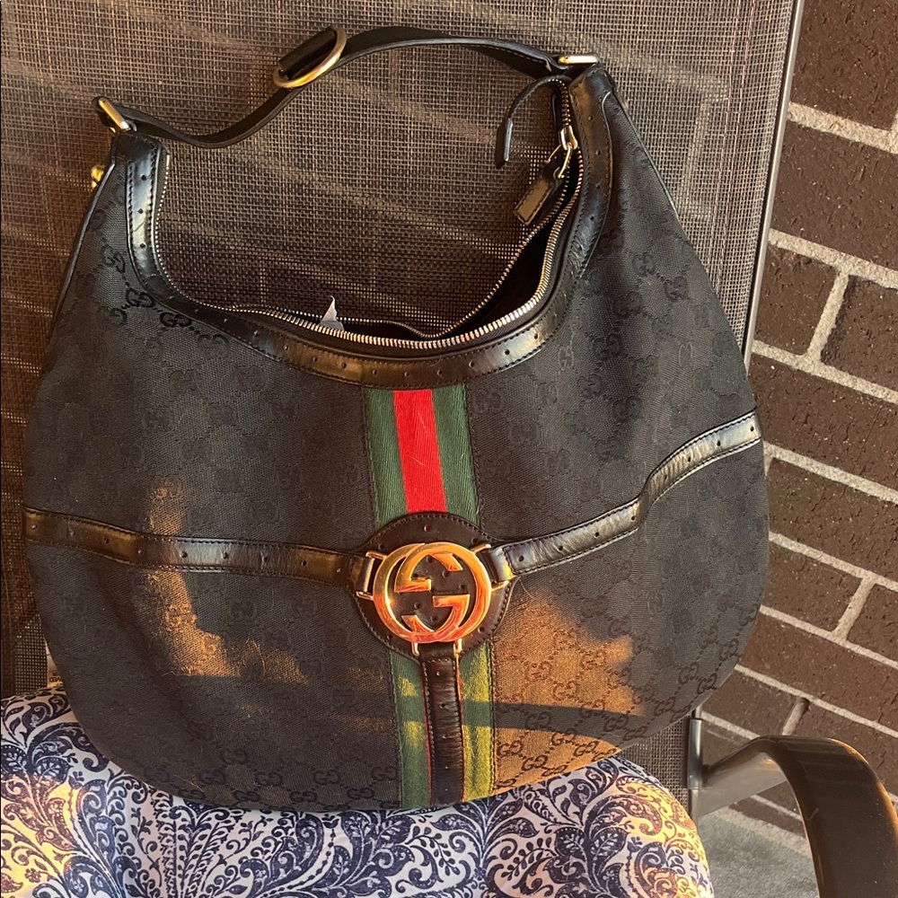 Gucci Black Canvas Shoulder Bag with Green & Red Stripe and Gold Hardware